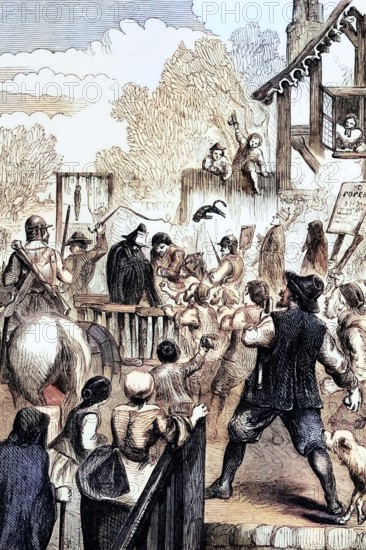 Riots during the Papist Conspiracy of 1679. a fictitious conspiracy orchestrated by Titus Oates that rocked England. Wales. and Scotland. Rumors of a widespread Catholic conspiracy to assassinate Charles II led to anti-Catholic hysteria between 1678 and 1681. Digital reproduction of a historical original.