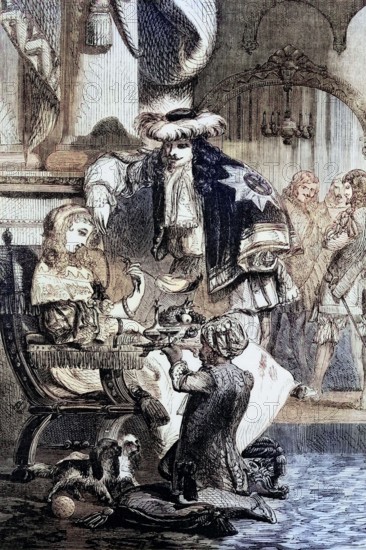 King Charles II with his mistress. the Duchess of Portsmouth. Through her son Charles. the 1st Duke of Richmond. she is the ancestor of Diana. Princess of Wales. and Camilla. Duchess of Cornwall. England. Digital reproduction of a historical original.