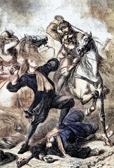 The radical Presbyterian preacher Richard Cameron (1648-1680) attempted to lead a rebellion against the king. Cameron and 60 of his followers were captured by 120 government dragoons at Airds Moss near Cumnock in Ayrshire. England. Digital reproduction of a historical original.