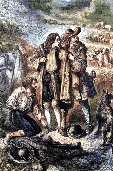 Lord Monmouth exchanges clothes with a shepherd after his defeat at the Battle of Sedgemoor near Bridgwater in Somerset on 6 July 1685. England. digital reproduction of a historical original