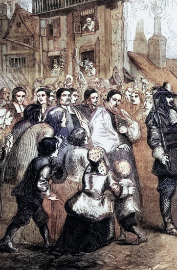 procession of the seven bishops of the Church of England who were imprisoned and tried for seditious libel for their opposition to the second proclamation of indulgences by James II of England (14 October 1633 – 16 September 1701) in 1688. England. digital reproduction of a historical original