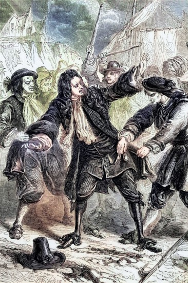 The fugitive King James II of England (October 14. 1633 – September 16. 1701) was ambushed by local fishermen on the Isle of Sheppey. They mistook a nobleman on a simple ship for a hated Jesuit priest and robbed him of his money. watch. and coronation ring. England. digital reproduction of a historical original.