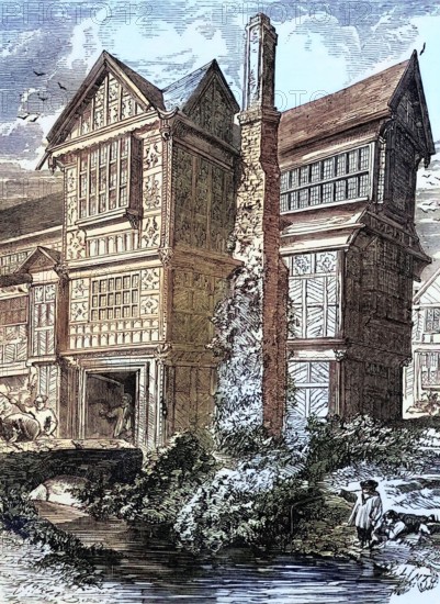 The richly decorated Tudor hall of an English lord of the manor around 1700. England. digital reproduction of a historical model