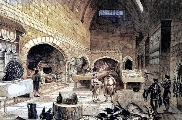 The kitchen of Queen Elizabeth I from the 16th century. England. digital reproduction of a historical original