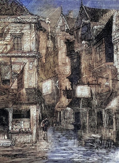 During the reign of Queen Elizabeth I. a 16th-century street during torrential rain in London. England. digital reproduction of a historical original