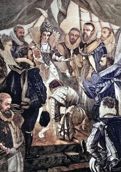 Elizabeth I of England knighted Sir Francis Drake in 1581. He was an English captain. privateer. sailor. slave trader. politician. and second-in-command of the English fleet in the battle against the Spanish Armada in 1588. England. digital reproduction of a historical original.