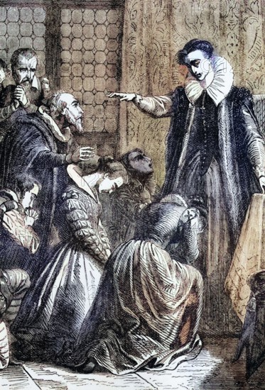 Mary Stuart bids farewell to her companions before her execution on 8 February 1587 at Fotheringhay Castle. Northamptonshire. England. digital reproduction of a historical original