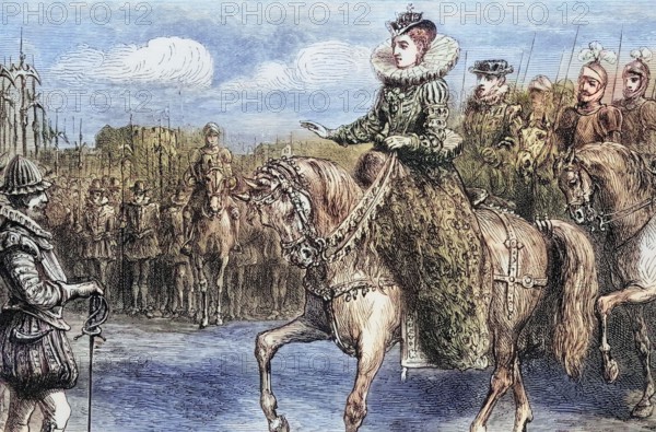 Queen Elizabeth I of England delivers her speech to the troops at Tilbury in Essex. in defense against the expected invasion of the Spanish Armada. August 19. 1588. England. digital reproduction of a historical original.