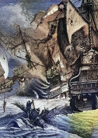 The defeat of the Spanish Armada by the Royal Navy of Queen Elizabeth I at the Battle of Gravelines in the English Channel off Flanders. Belgium. in September 1588. digital reproduction of a historical original