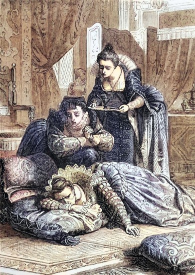 After the death of Catherine Howard. Countess of Nottingham. the niece of her cousin and close friend. Elizabeth fell ill and died on March 24. 1603. between two and three o'clock in the morning at Richmond Palace. England. digital reproduction of a historical original