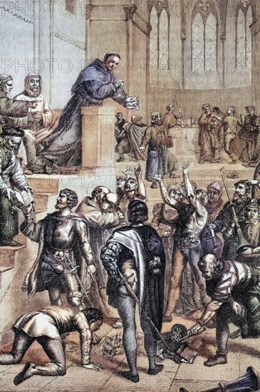 Martin Luther condemns the Roman Catholic ritual after publishing his 95 Theses in the Castle Church of Wittenberg in the state of Saxony-Anhalt in 1517. Germany. digital reproduction of a historical original
