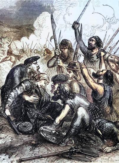 The death of the 1st Viscount Dundee. After the Glorious Revolution of 1688. he became a rebel in the name of King James II of England (October 14. 1633 – September 16. 1701). He rallied the rebellious Highland clans and. despite losing his life in battle. led them to victory at Killiecrankie. Perth and Kinross. Scotland. Digital reproduction of a historical original.