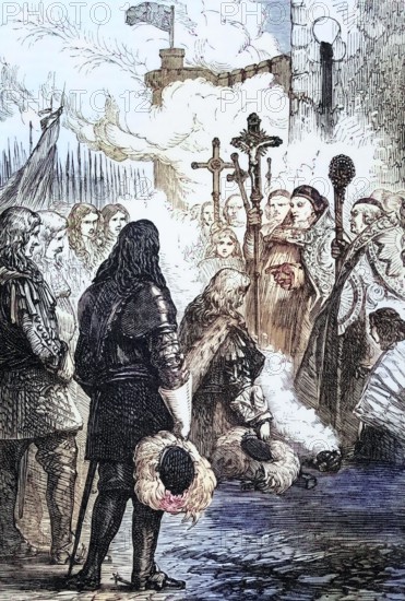 James II of England. (14 October 1633 to 16 September 1701) landed in Ireland with French troops in March 1689 and gave a reception in Dublin. digital reproduction of a historical original