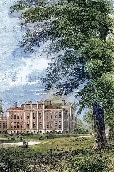 The original Kensington Palace. dating from the early 17th century. is located in the Royal Borough of Kensington and Chelsea in London. England. King William III acquired it as a residence near London. Over the next seventy years. it became the preferred residence of British monarchs. especially William III. Digital reproduction of a historical original.