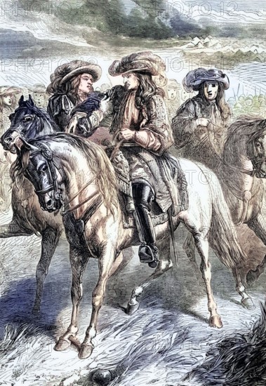 William III narrowly escaped being wounded in the shoulder by Jacobite artillery during the Battle of the Boyne on 11 July 1690. while inspecting the fords over which his troops would cross the Boyne. England. digital reproduction of a historical original