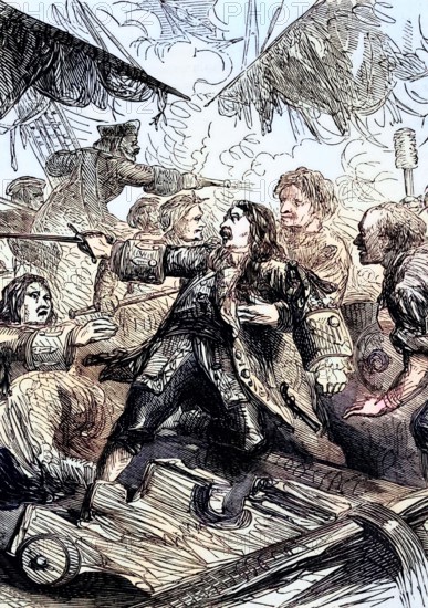 The death of Admiral Carter during the Battle of Barfleur off the coast of Lower Normandy in northwestern France on 29 May 1692. It was the decisive naval battle of the Nine Years' War. known to the British as the War of the English Succession. digital reproduction of a historical original