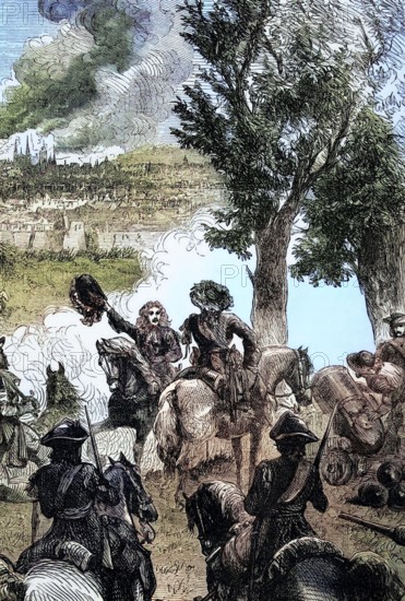 The bombardment of Brussels by the French troops of King Louis XIV during the War of the Palatinate Succession in August 1695. Belgium. digital reproduction of a historical original