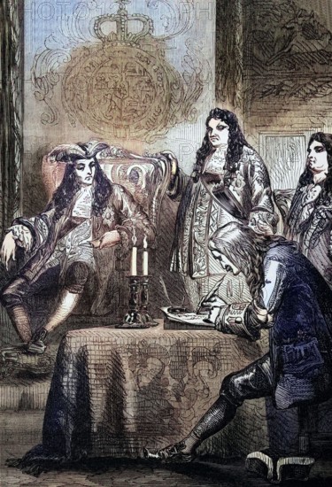 The examination of Brigadier-General Sir Thomas Prendergast. who was created 1st Baronet after informing King William III of a plan by Sir George Barclay to ambush the King's carriage at Turnham Green. 1696. England. digital reproduction of a historical original