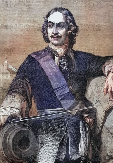 Peter the Great. Peter I or Pyotr Alexeyevich Romanov (1672 to 1725) ruled the Tsarist Empire of Russia and later the Russian Empire from 1682 until his death. digital reproduction of a historical model