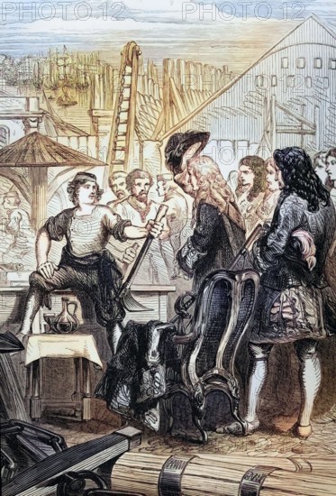 Peter the Great in a British shipyard in January 1698. He had come to England from Holland and was determined to study the mathematical precision of the superior English shipbuilding techniques. digital reproduction of a historical model