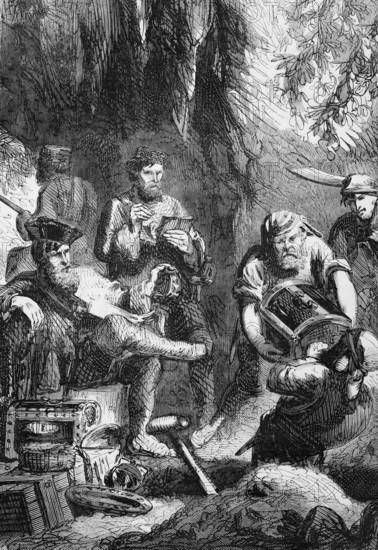 Captain William Kidd (1645 to 1701) watches his crew hide treasure in a cave. He was a Scottish sailor who was executed for piracy after returning from a voyage to the Indian Ocean. Digital reproduction of a historical image.