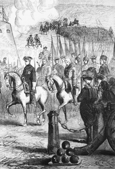 Charles XII of Sweden marches into Copenhagen after the Battle of Narva in 1700. when he temporarily expelled both Denmark-Norway and Russia from the Great Northern War. digital reproduction of a historical original