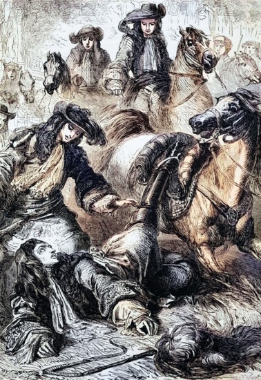 King William III was thrown from his horse in 1701 at Hampton Court. a royal palace in the London borough of Richmond upon Thames. England. digital reproduction of a historical original