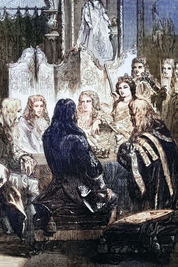 Queen Anne. who played an important role in English affairs. with members of her Privy Council. 1702. England. digital reproduction of a historical original.