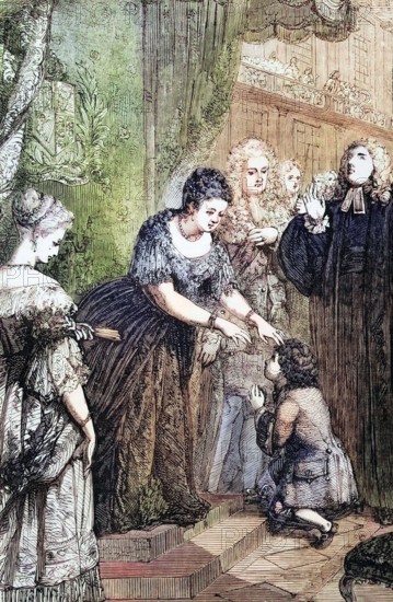 The young Samuel Johnson received the royal seal from Queen Anne at St. James's Palace on March 30. 1712. He had presumably contracted scrofula. then known as the royal disease. England. digital reproduction of a historical original.