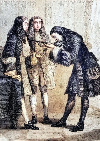 After the death of Charles II of Spain in 1700. Archduke Charles declared himself King of Spain. He was supported by England. and here he presents his sword to the 1st Duke of Marlborough in 1703. a digital reproduction of a historical original.