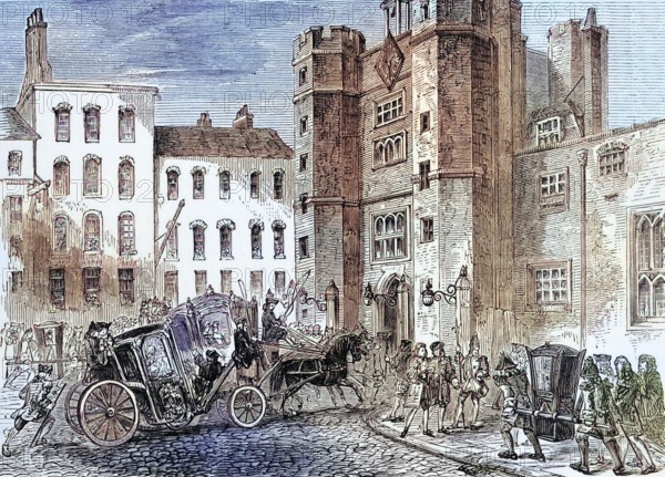 St. James's Palace during the reign of Queen Anne in 1704. It is located in Pall Mall. north of St. James's Park and is one of the oldest palaces in London. England. digital reproduction of a historical original