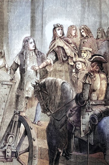 During the War of the Spanish Succession. Marie Jeanne (Dutchwoman of Savoy) was forced to sell her jewelry to support her household during the Battle of Turin in 1706. She later fled to the safety of Genoa. Italy. during the conflict. Digital reproduction of a historical original.