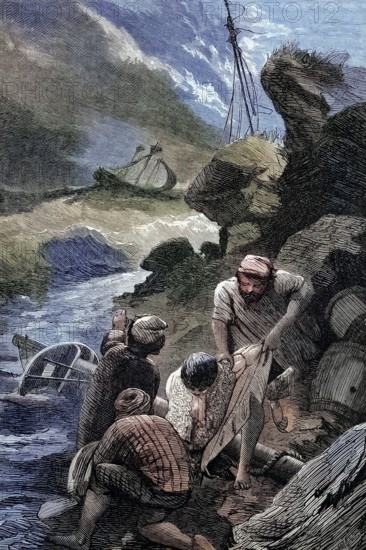 Beachcombers plunder the body of Sir Cloudesley Shovell (1650 to 1707). whose famous career as Commander-in-Chief of the British Fleet during the War of the Spanish Succession ended in a disastrous shipwreck off the Isles of Scilly. England. digital reproduction of a historical original