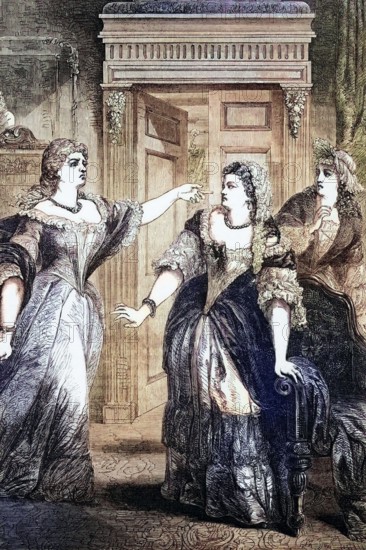 In July 1708. the Duke of Marlborough won the Battle of Oudenaarde. Before the Thanksgiving Service at St. Paul's Cathedral. Sarah Churchill. Duchess of Marlborough. got into a heated argument with Queen Anne. digital reproduction of a historical image.