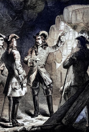 The Marquis D'Asfeldl. a French marshal who played an important role in the War of the Spanish Succession. In The Siege of Alicante. 1708. he shows English officers the explosives stored in tunnels beneath the city and threatens to blow them up if they do not surrender. Spain. digital reproduction of a historical original.