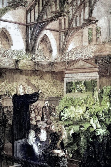 In March 1710. Dr. Henry Sacheverell was brought to trial for having delivered a seditious and treasonous sermon on Guy Fawkes Day the previous November. England. digital reproduction of a historical original