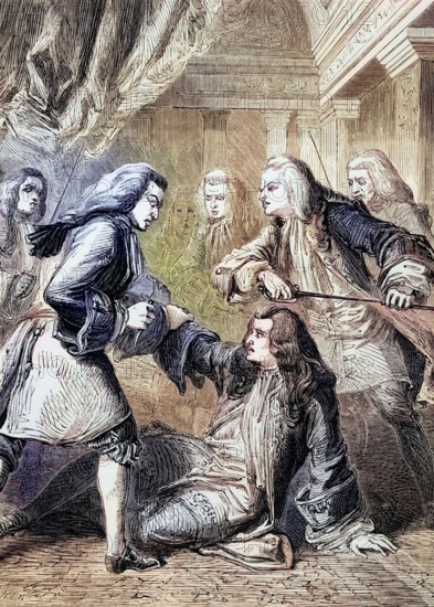 The attempted assassination of Robert Harley. First Lord of the Treasury and Prime Minister to Queen Anne. on 8 March 1711 by a French refugee. Marquis De Guiscard. who was being tried for high treason before the Privy Council. England. digital reproduction of a historical original