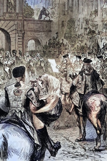 The proclamation of King George I. who was proclaimed King of Great Britain and Ireland after Queen Anne suffered a stroke and died on August 1. 1714. George was crowned on October 20 in Westminster Abbey. England. digital reproduction of a historical original