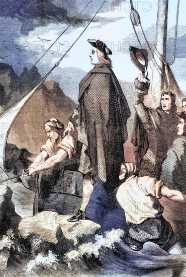 James Francis Edward. Prince of Wales. the Chevalier De St George or the Old Pretender or the Old Chevalier. the son of the deposed James II of England. James II (14 October 1633 – 16 September 1701) of England (James VII of Scotland). landing at Peterhead. Aberdeenshire. Scotland. 1715. digital reproduction of a historical original