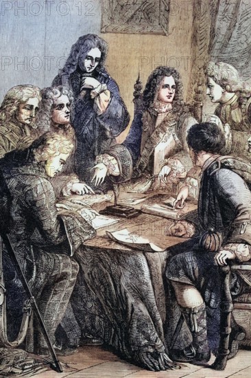 James Francis Edward. Prince of Wales. the Chevalier De St. George or the Old Pretender. the son of the deposed James II of England (James VII of Scotland) with his council after receiving no support for his accession to the throne. England. digital reproduction of a historical original