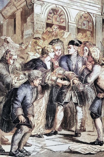 Frantic investors in the South Sea Bubble. the speculative mania that drove many British investors to ruin in 1720. It was a hoax involving the assets of the South Sea Company. which had been founded in 1711 for trade with Spanish America. England. digital reproduction of a historical original.