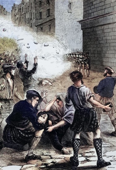 Soldiers shoot at rioters during the Glasgow Riots over the beer tax imposed in 1723. The nine dead and many wounded inflamed tempers. the rioters dispersed them. and the troops sought refuge in Dunbarton Castle. England. digital reproduction of a historical original.