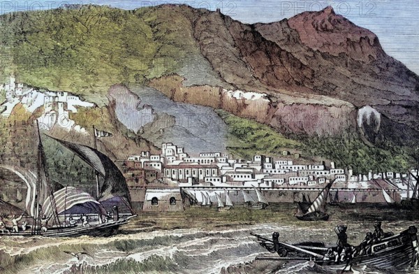 Gibraltar. a British overseas territory at the southern end of the Iberian Peninsula at the entrance to the Mediterranean Sea and on the northern border with Andalusia. Spain. around 1800. digital reproduction of a historical original