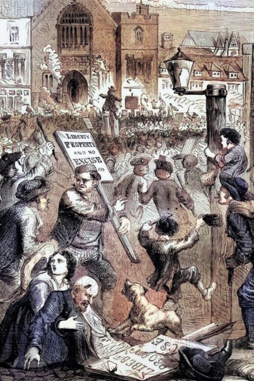 In 1733. British Prime Minister Sir Robert Walpole proposed an excise tax system for the storage of tobacco and wine. It was unpopular and led to violent demonstrations outside Parliament. England. digital reproduction of a historical document.