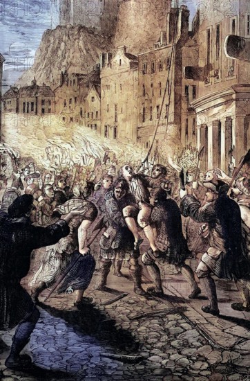 John Porteous. Captain of the Edinburgh City Watch. overreacted to riots that left six people dead. He was arrested and convicted of murder. He was eventually dragged from his cell and lynched by a mob. He died shortly before midnight on September 7. 1736. England. Digital reproduction of a historical original.