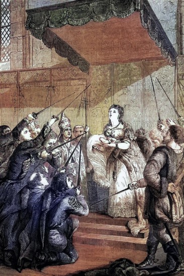 Empress Maria Theresa. the sole ruler of the Habsburg lands. requests support from the Hungarian Diet (Parliament) during the War of the Austrian Succession in 1741; the year after her accession to the throne following the death of her father. Emperor Charles VI of Austria. digital reproduction of a historical original
