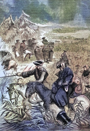 The retreat of the Duke of Belle-Isle. leader of the French during the Siege of Prague in 1742. a prolonged blockade of the Bohemian capital during the War of the Austrian Succession. digital reproduction of a historical original