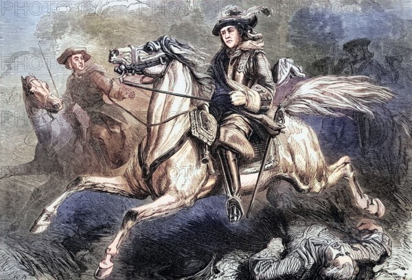 George II at the Battle of Dettingen. which took place in Bavaria on 27 June 1743 during the War of the Austrian Succession. It was the last time a British monarch personally led his troops into battle. Digital reproduction of a historical original.