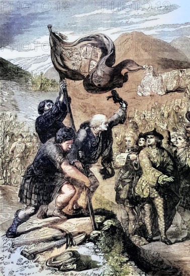 The raising of the standard of Prince Charles. commonly known as Bonnie Prince Charlie or the Young Pretender. at Glenfinnan at the head of Loch Shiel in the Highlands. It marked the beginning of the Jacobite rising of 1745. England. digital reproduction of a historical original.