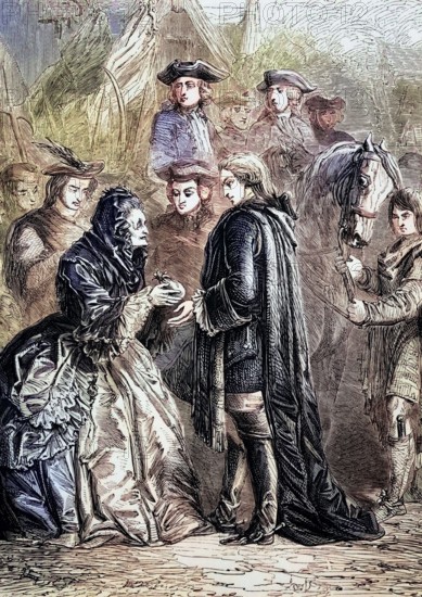 After the Battle of Prestonpans on 21 September 1745. Prince Charles. commonly known as Bonnie Prince Charlie or the Young Pretender. moved south to the River Mersey. where he met Mrs. Skyring. the elderly daughter of a Cavalier. England. digital reproduction of a historical original